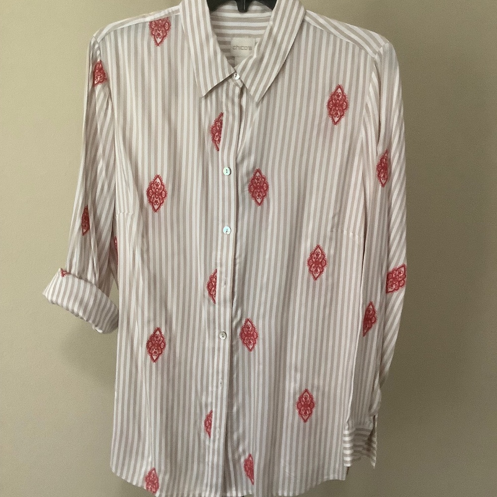 Chico’s Taupe Stripe on Cream Blouse with Pink Embroidered Medallions Size 1